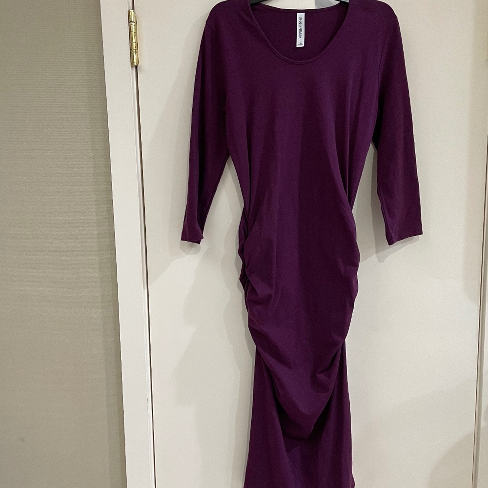 Zenana Premium Dark Purple Long-Sleeve Jersey Knit Midi Slim Dress
